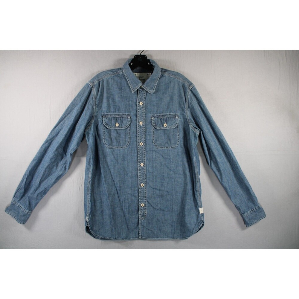 American Eagle Chambray Button Up Shirt Men's Medium Athletic Fit Blue Cotton